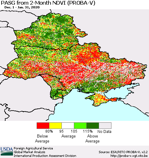 Ukraine, Moldova and Belarus PASG from 2-Month NDVI (PROBA-V) Thematic Map For 1/21/2020 - 1/31/2020