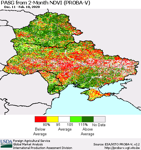 Ukraine, Moldova and Belarus PASG from 2-Month NDVI (PROBA-V) Thematic Map For 2/1/2020 - 2/10/2020