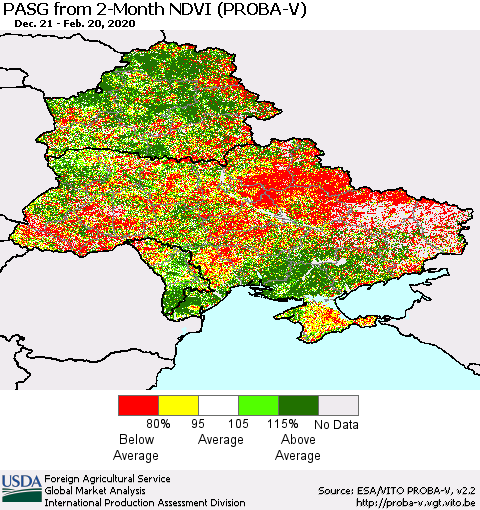 Ukraine, Moldova and Belarus PASG from 2-Month NDVI (PROBA-V) Thematic Map For 2/11/2020 - 2/20/2020