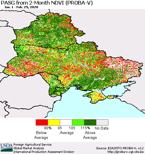 Ukraine, Moldova and Belarus PASG from 2-Month NDVI (PROBA-V) Thematic Map For 2/21/2020 - 2/29/2020