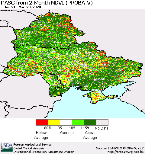 Ukraine, Moldova and Belarus PASG from 2-Month NDVI (PROBA-V) Thematic Map For 3/11/2020 - 3/20/2020