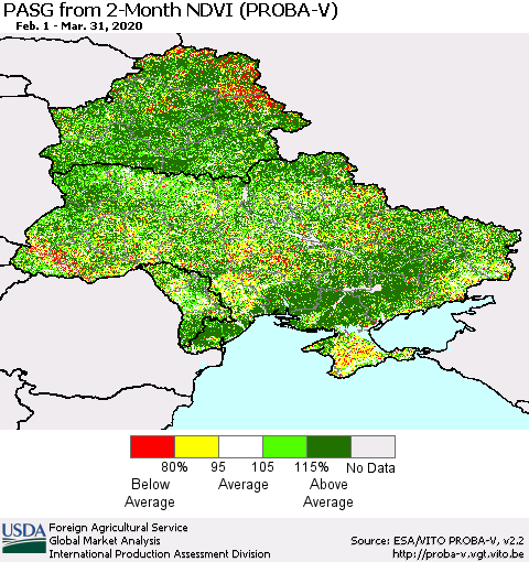 Ukraine, Moldova and Belarus PASG from 2-Month NDVI (PROBA-V) Thematic Map For 3/21/2020 - 3/31/2020