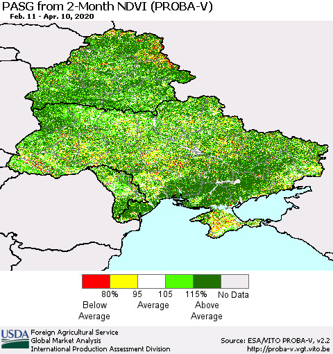 Ukraine, Moldova and Belarus PASG from 2-Month NDVI (PROBA-V) Thematic Map For 4/1/2020 - 4/10/2020