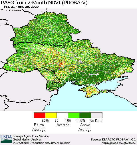Ukraine, Moldova and Belarus PASG from 2-Month NDVI (PROBA-V) Thematic Map For 4/11/2020 - 4/20/2020
