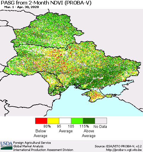 Ukraine, Moldova and Belarus PASG from 2-Month NDVI (PROBA-V) Thematic Map For 4/21/2020 - 4/30/2020