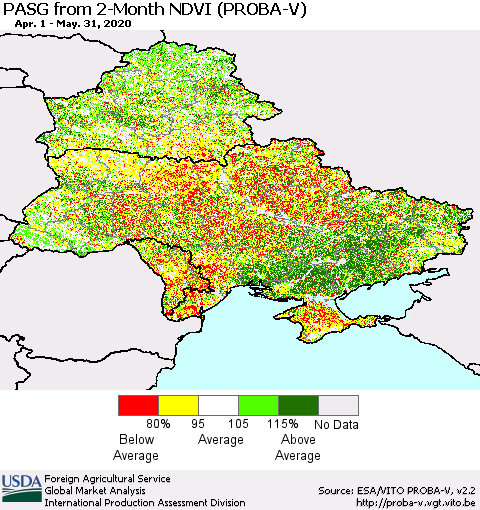 Ukraine, Moldova and Belarus PASG from 2-Month NDVI (PROBA-V) Thematic Map For 5/21/2020 - 5/31/2020