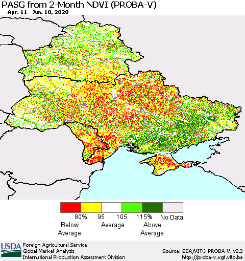 Ukraine, Moldova and Belarus PASG from 2-Month NDVI (PROBA-V) Thematic Map For 6/1/2020 - 6/10/2020