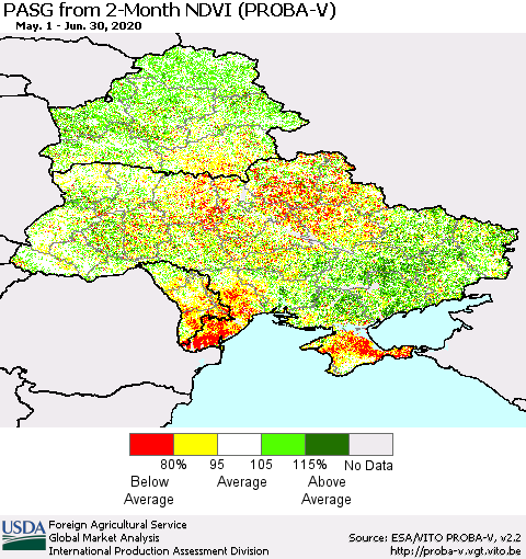 Ukraine, Moldova and Belarus PASG from 2-Month NDVI (PROBA-V) Thematic Map For 6/21/2020 - 6/30/2020