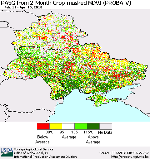 Ukraine, Moldova and Belarus PASG from 2-Month Crop-masked NDVI (PROBA-V) Thematic Map For 4/1/2018 - 4/10/2018