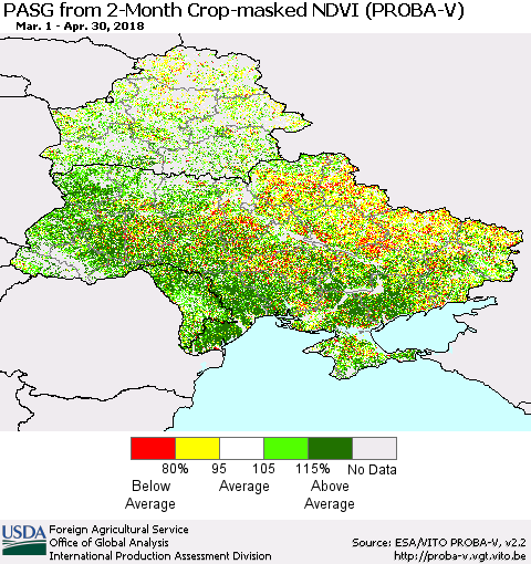 Ukraine, Moldova and Belarus PASG from 2-Month Crop-masked NDVI (PROBA-V) Thematic Map For 4/21/2018 - 4/30/2018