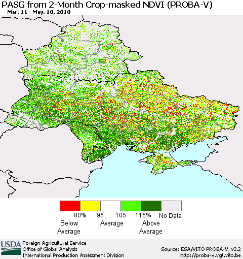 Ukraine, Moldova and Belarus PASG from 2-Month Crop-masked NDVI (PROBA-V) Thematic Map For 5/1/2018 - 5/10/2018