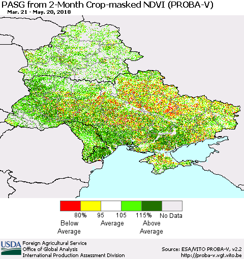 Ukraine, Moldova and Belarus PASG from 2-Month Crop-masked NDVI (PROBA-V) Thematic Map For 5/11/2018 - 5/20/2018