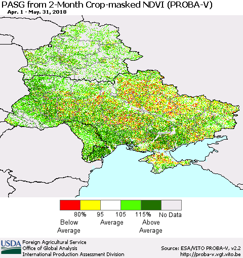 Ukraine, Moldova and Belarus PASG from 2-Month Crop-masked NDVI (PROBA-V) Thematic Map For 5/21/2018 - 5/31/2018