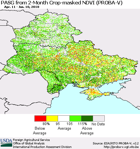 Ukraine, Moldova and Belarus PASG from 2-Month Crop-masked NDVI (PROBA-V) Thematic Map For 6/1/2018 - 6/10/2018