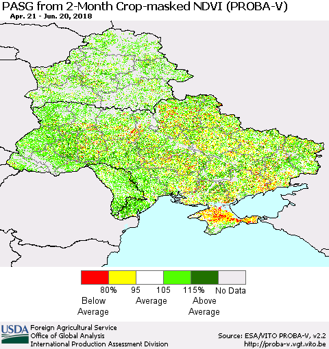 Ukraine, Moldova and Belarus PASG from 2-Month Crop-masked NDVI (PROBA-V) Thematic Map For 6/11/2018 - 6/20/2018