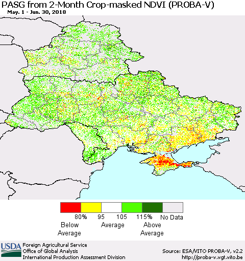 Ukraine, Moldova and Belarus PASG from 2-Month Crop-masked NDVI (PROBA-V) Thematic Map For 6/21/2018 - 6/30/2018