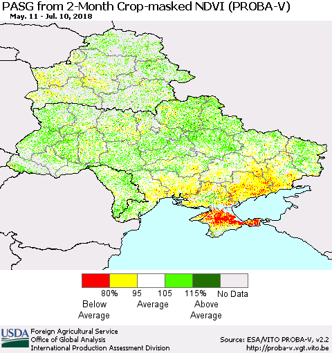 Ukraine, Moldova and Belarus PASG from 2-Month Crop-masked NDVI (PROBA-V) Thematic Map For 7/1/2018 - 7/10/2018