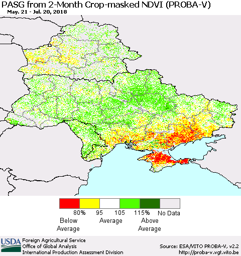 Ukraine, Moldova and Belarus PASG from 2-Month Crop-masked NDVI (PROBA-V) Thematic Map For 7/11/2018 - 7/20/2018