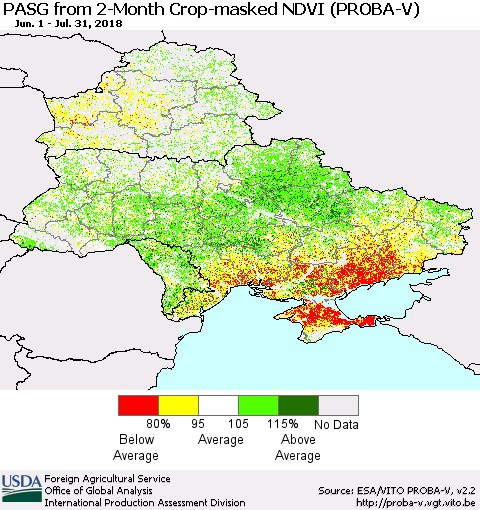 Ukraine, Moldova and Belarus PASG from 2-Month Crop-masked NDVI (PROBA-V) Thematic Map For 7/21/2018 - 7/31/2018