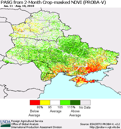 Ukraine, Moldova and Belarus PASG from 2-Month Crop-masked NDVI (PROBA-V) Thematic Map For 8/1/2018 - 8/10/2018