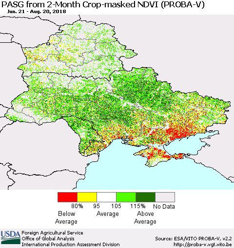 Ukraine, Moldova and Belarus PASG from 2-Month Crop-masked NDVI (PROBA-V) Thematic Map For 8/11/2018 - 8/20/2018