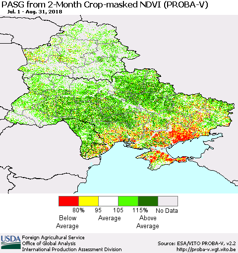 Ukraine, Moldova and Belarus PASG from 2-Month Crop-masked NDVI (PROBA-V) Thematic Map For 8/21/2018 - 8/31/2018