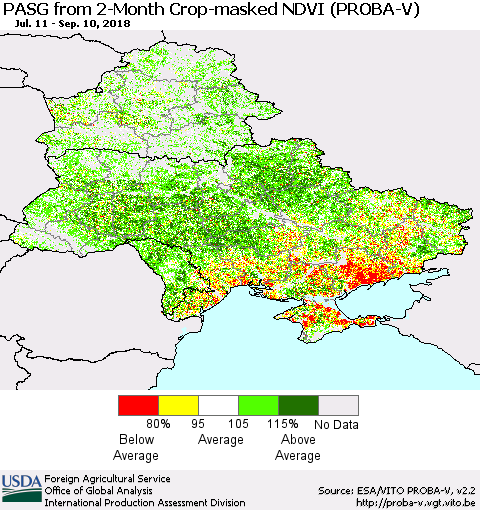 Ukraine, Moldova and Belarus PASG from 2-Month Crop-masked NDVI (PROBA-V) Thematic Map For 9/1/2018 - 9/10/2018