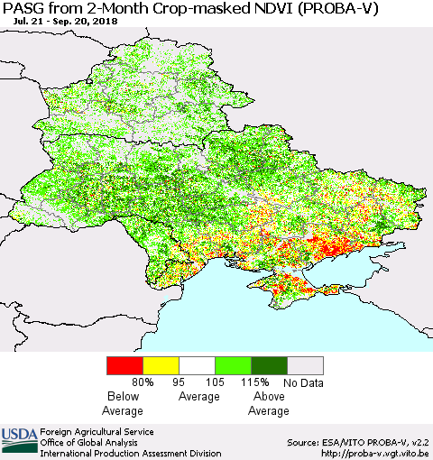 Ukraine, Moldova and Belarus PASG from 2-Month Crop-masked NDVI (PROBA-V) Thematic Map For 9/11/2018 - 9/20/2018