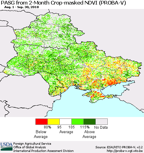Ukraine, Moldova and Belarus PASG from 2-Month Crop-masked NDVI (PROBA-V) Thematic Map For 9/21/2018 - 9/30/2018