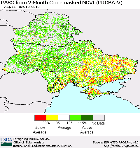 Ukraine, Moldova and Belarus PASG from 2-Month Crop-masked NDVI (PROBA-V) Thematic Map For 10/1/2018 - 10/10/2018
