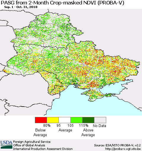 Ukraine, Moldova and Belarus PASG from 2-Month Crop-masked NDVI (PROBA-V) Thematic Map For 10/21/2018 - 10/31/2018