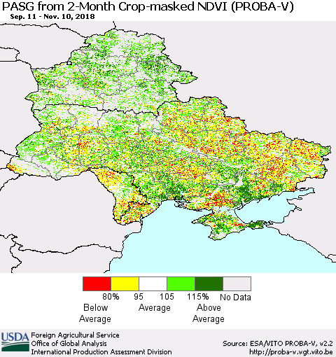 Ukraine, Moldova and Belarus PASG from 2-Month Crop-masked NDVI (PROBA-V) Thematic Map For 11/1/2018 - 11/10/2018