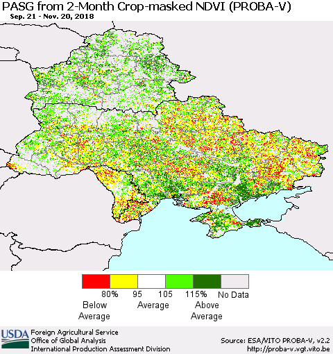 Ukraine, Moldova and Belarus PASG from 2-Month Crop-masked NDVI (PROBA-V) Thematic Map For 11/11/2018 - 11/20/2018