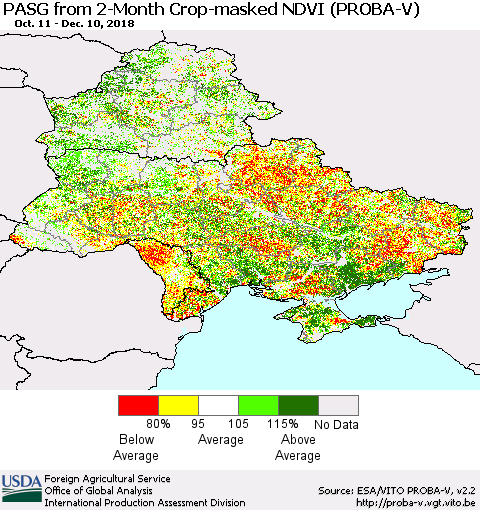 Ukraine, Moldova and Belarus PASG from 2-Month Crop-masked NDVI (PROBA-V) Thematic Map For 12/1/2018 - 12/10/2018