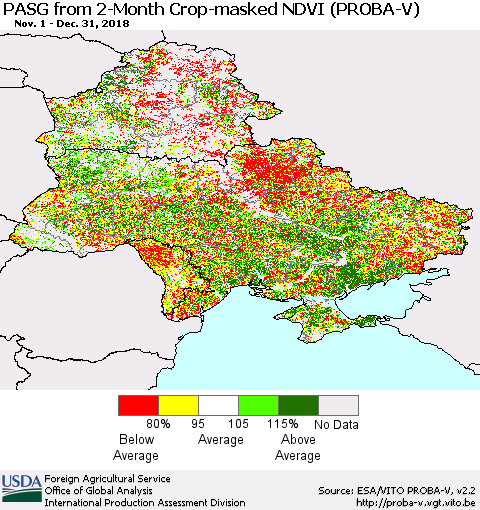 Ukraine, Moldova and Belarus PASG from 2-Month Crop-masked NDVI (PROBA-V) Thematic Map For 12/21/2018 - 12/31/2018