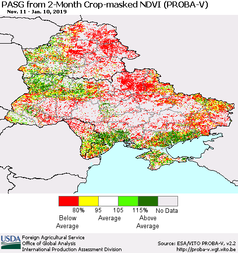Ukraine, Moldova and Belarus PASG from 2-Month Crop-masked NDVI (PROBA-V) Thematic Map For 1/1/2019 - 1/10/2019