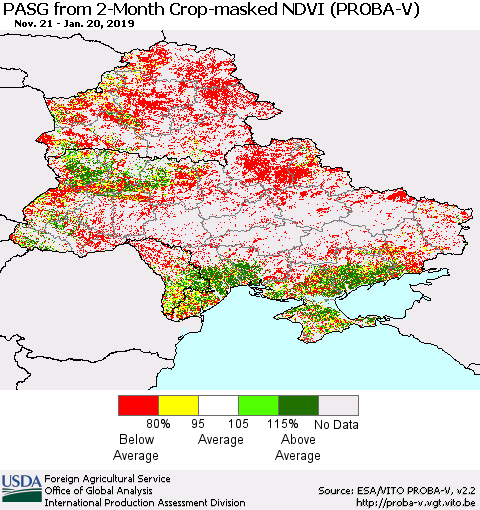 Ukraine, Moldova and Belarus PASG from 2-Month Crop-masked NDVI (PROBA-V) Thematic Map For 1/11/2019 - 1/20/2019