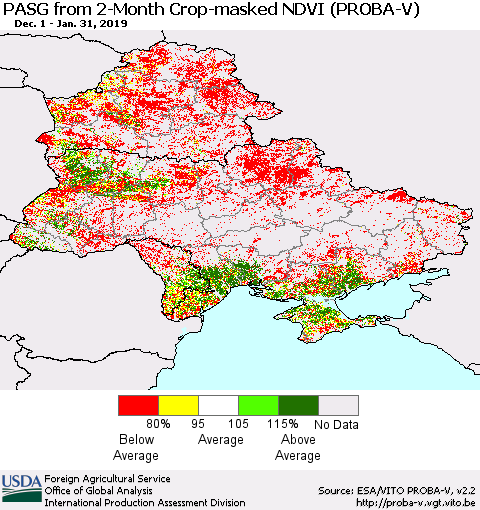 Ukraine, Moldova and Belarus PASG from 2-Month Crop-masked NDVI (PROBA-V) Thematic Map For 1/21/2019 - 1/31/2019