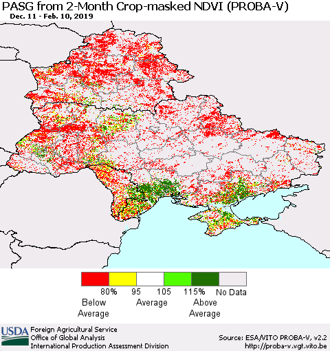 Ukraine, Moldova and Belarus PASG from 2-Month Crop-masked NDVI (PROBA-V) Thematic Map For 2/1/2019 - 2/10/2019
