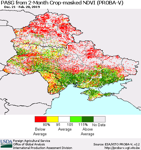 Ukraine, Moldova and Belarus PASG from 2-Month Crop-masked NDVI (PROBA-V) Thematic Map For 2/11/2019 - 2/20/2019