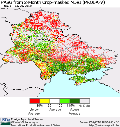 Ukraine, Moldova and Belarus PASG from 2-Month Crop-masked NDVI (PROBA-V) Thematic Map For 2/21/2019 - 2/28/2019