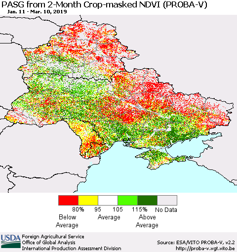 Ukraine, Moldova and Belarus PASG from 2-Month Crop-masked NDVI (PROBA-V) Thematic Map For 3/1/2019 - 3/10/2019