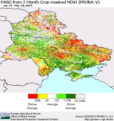 Ukraine, Moldova and Belarus PASG from 2-Month Crop-masked NDVI (PROBA-V) Thematic Map For 3/11/2019 - 3/20/2019