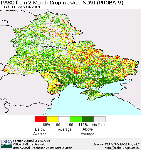 Ukraine, Moldova and Belarus PASG from 2-Month Crop-masked NDVI (PROBA-V) Thematic Map For 4/1/2019 - 4/10/2019