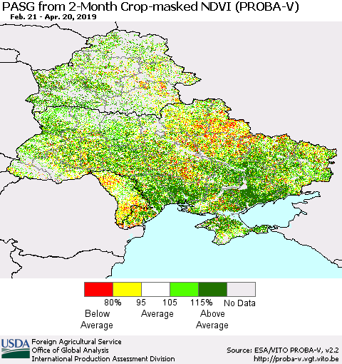 Ukraine, Moldova and Belarus PASG from 2-Month Crop-masked NDVI (PROBA-V) Thematic Map For 4/11/2019 - 4/20/2019