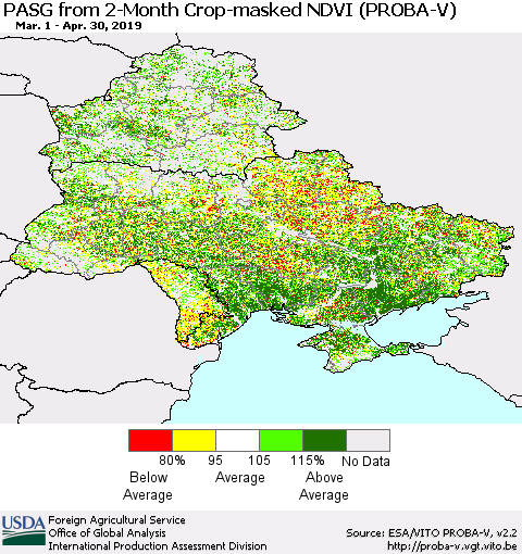 Ukraine, Moldova and Belarus PASG from 2-Month Crop-masked NDVI (PROBA-V) Thematic Map For 4/21/2019 - 4/30/2019