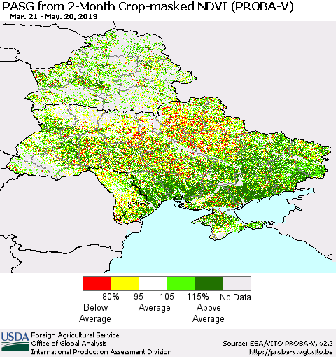 Ukraine, Moldova and Belarus PASG from 2-Month Crop-masked NDVI (PROBA-V) Thematic Map For 5/11/2019 - 5/20/2019