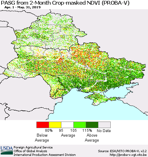 Ukraine, Moldova and Belarus PASG from 2-Month Crop-masked NDVI (PROBA-V) Thematic Map For 5/21/2019 - 5/31/2019