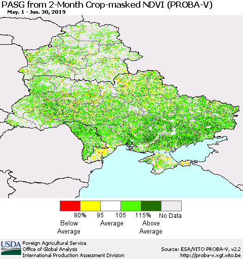 Ukraine, Moldova and Belarus PASG from 2-Month Crop-masked NDVI (PROBA-V) Thematic Map For 6/21/2019 - 6/30/2019