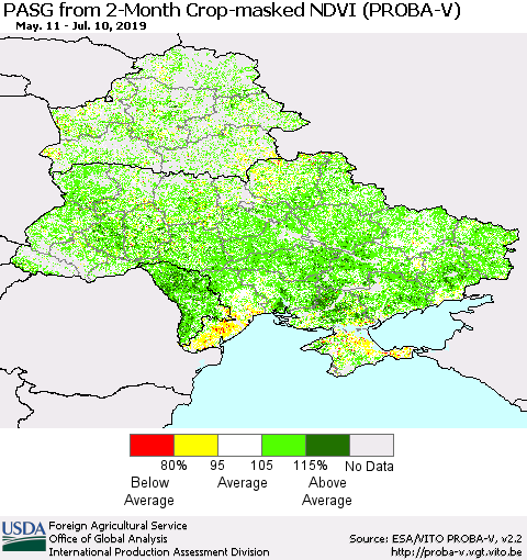 Ukraine, Moldova and Belarus PASG from 2-Month Crop-masked NDVI (PROBA-V) Thematic Map For 7/1/2019 - 7/10/2019